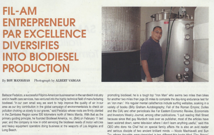 Bio-Diesel Entrepreneur Newspaper Article Baltazar Fedalizo